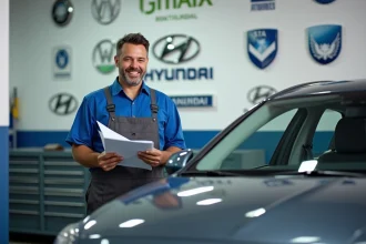 Technicien automobile avec dossier dans un garage moderne