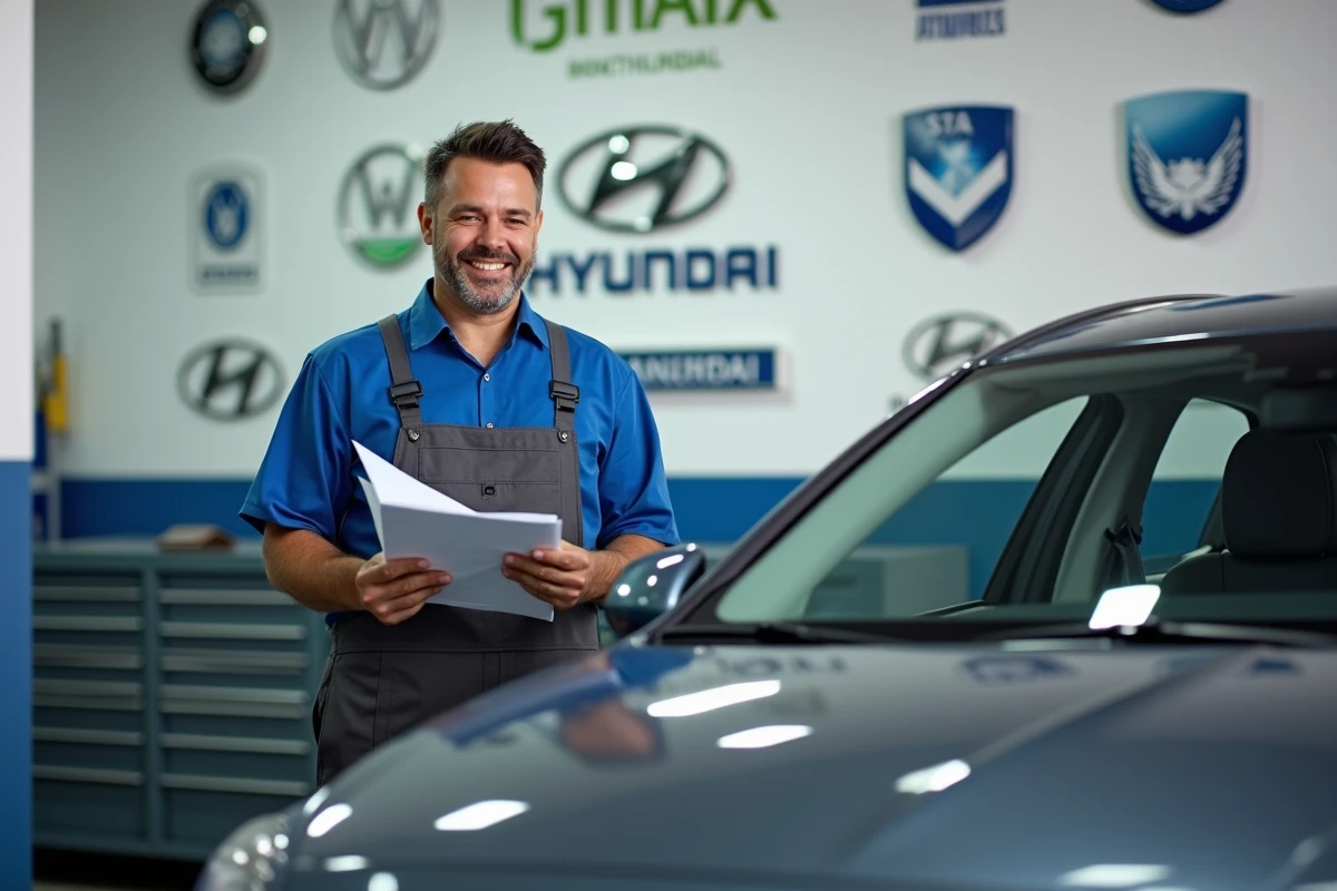 Technicien automobile avec dossier dans un garage moderne