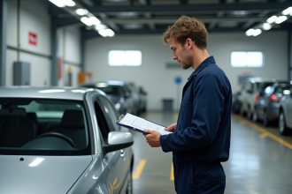 Technicien auto en inspection dans un garage industriel