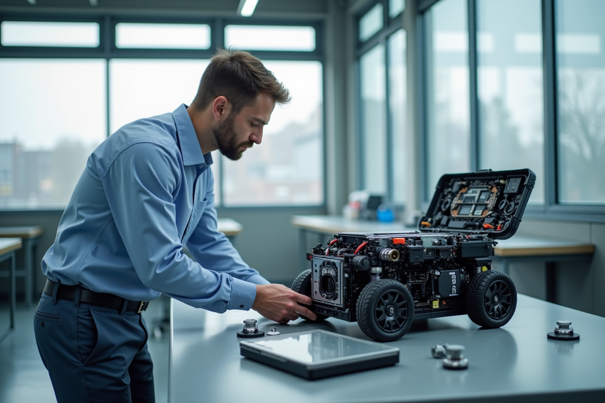 Ingénieur examinant une batterie électrique décomposée dans un laboratoire high-tech