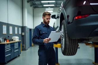Technicien automobile inspectant les documents techniques d'un véhicule électrique en garage agréé avant le passage aux mines