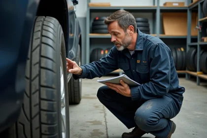 Technicien automobile lisant les marquages sur le flanc d'un pneu usagé dans un atelier de garage organisé