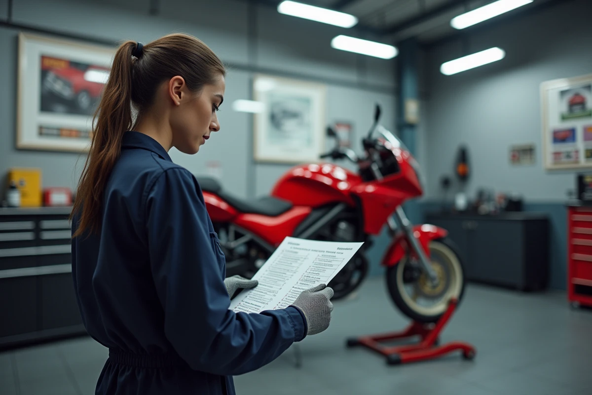 Jeune femme technicienne contrôlant une moto dans un garage moderne