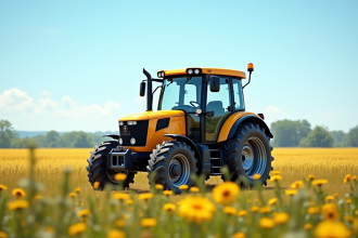 Petit tracteur moderne dans un champ ensoleille avec fleurs sauvages