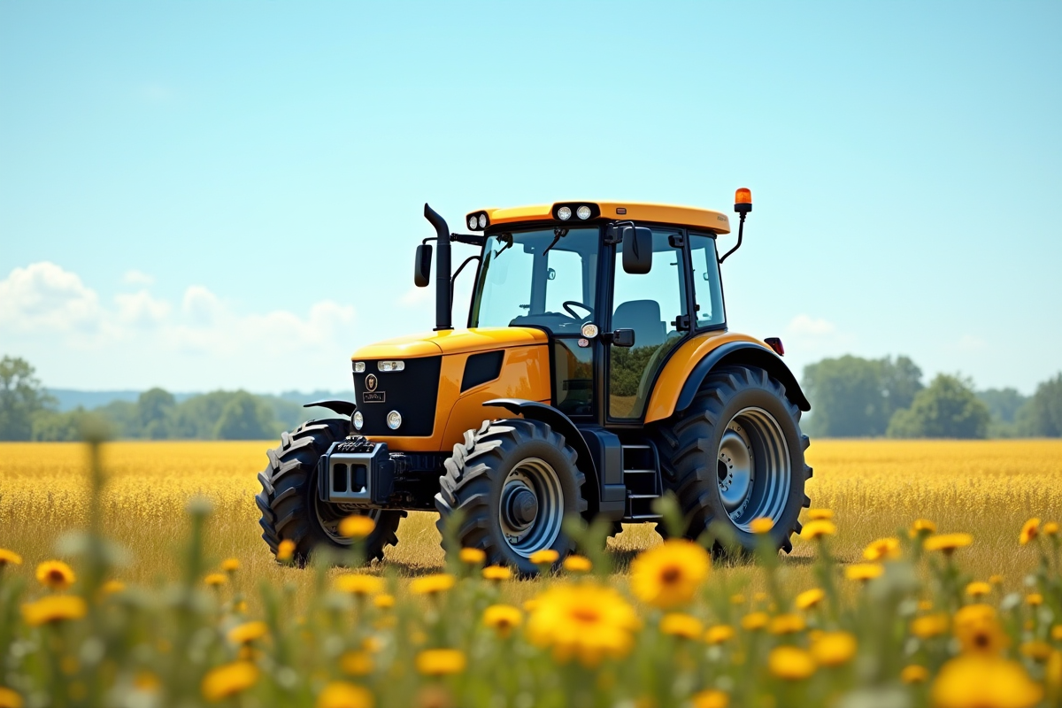 Petit tracteur moderne dans un champ ensoleille avec fleurs sauvages
