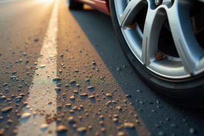 Gros plan sur l'usure d'un pneu de voiture sur autoroute avec détail des rainures et de la bande de roulement
