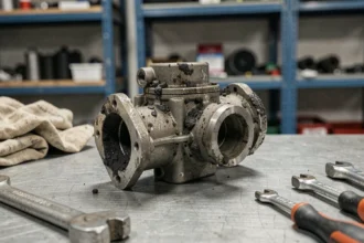 Vanne EGR 1.6 HDi encrassée retirée du moteur avec dépôts de carbone visibles sur l'établi d'un garage automobile