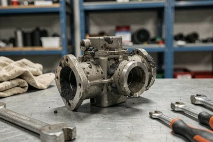 Vanne EGR 1.6 HDi encrassée retirée du moteur avec dépôts de carbone visibles sur l'établi d'un garage automobile