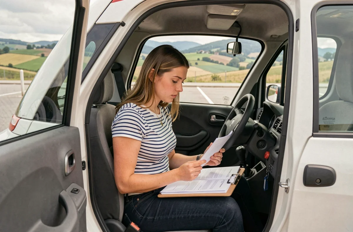 Une femme consultant des documents d'achat assise dans une voiture sans permis d'occasion en Alsace