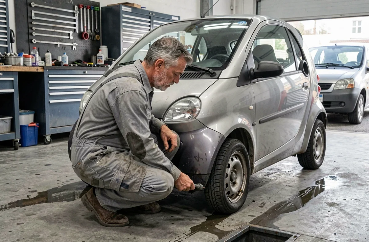 Mécanicien vérifiant l'état d'une voiture sans permis d'occasion dans un garage à Rennes