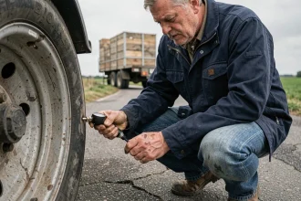 Homme vérifiant la pression d'un pneu de remorque avec un manomètre sur une route rurale