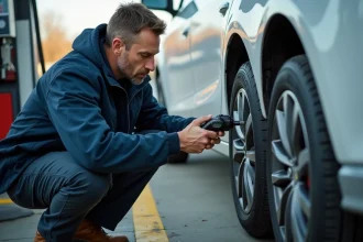 Homme vérifiant la pression de ses pneus avec un manomètre numérique à la station-service