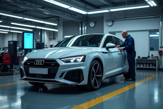 Voiture dans centre de contrôle moderne avec mécanicien