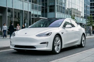 Voiture électrique blanche garée en ville devant un immeuble moderne