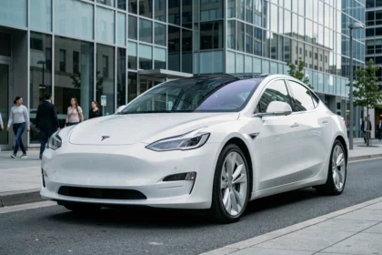 Voiture électrique blanche garée en ville devant un immeuble moderne