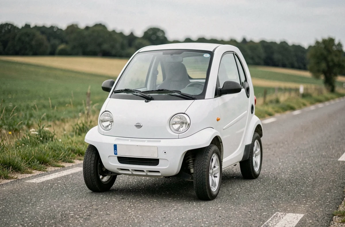Voiture sans permis blanche garée sur une route de campagne en France