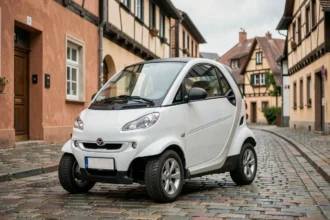 Voiture sans permis blanche garée dans une rue pavée d'un village alsacien avec maisons à colombages