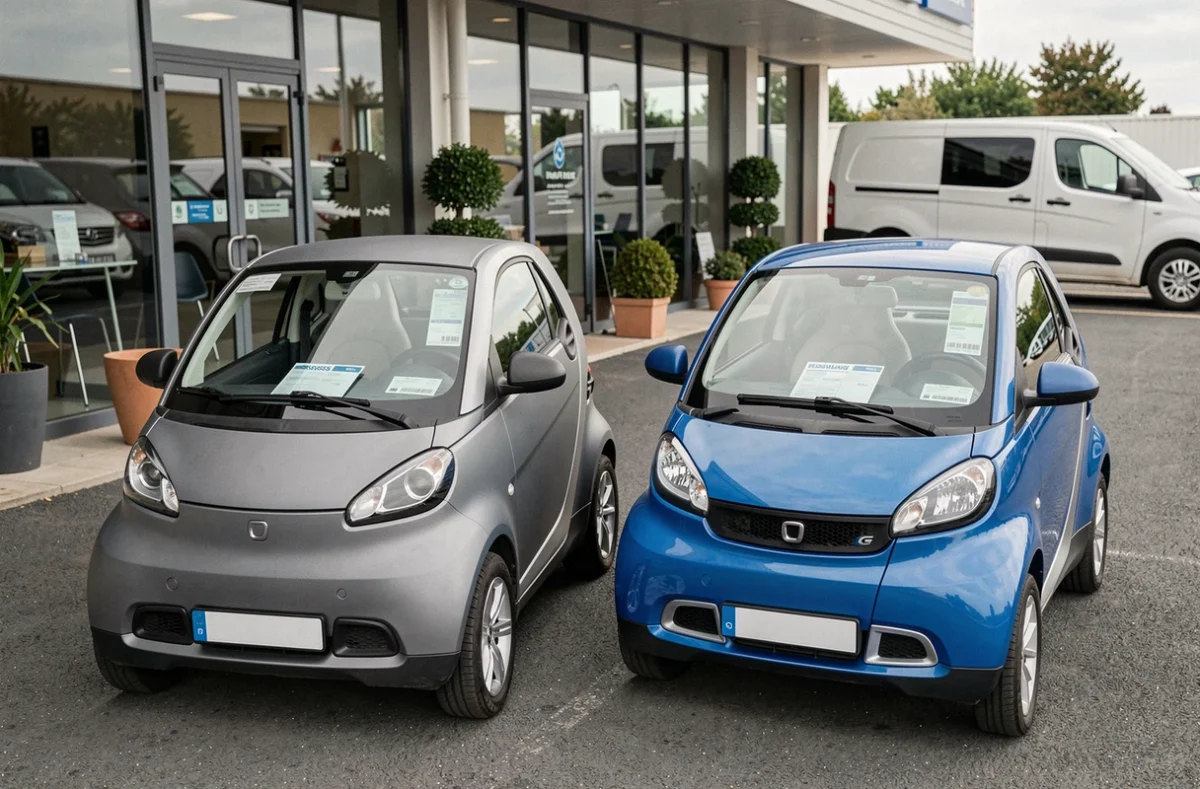 Deux voitures sans permis exposées dans un lot de concessionnaire automobile en France