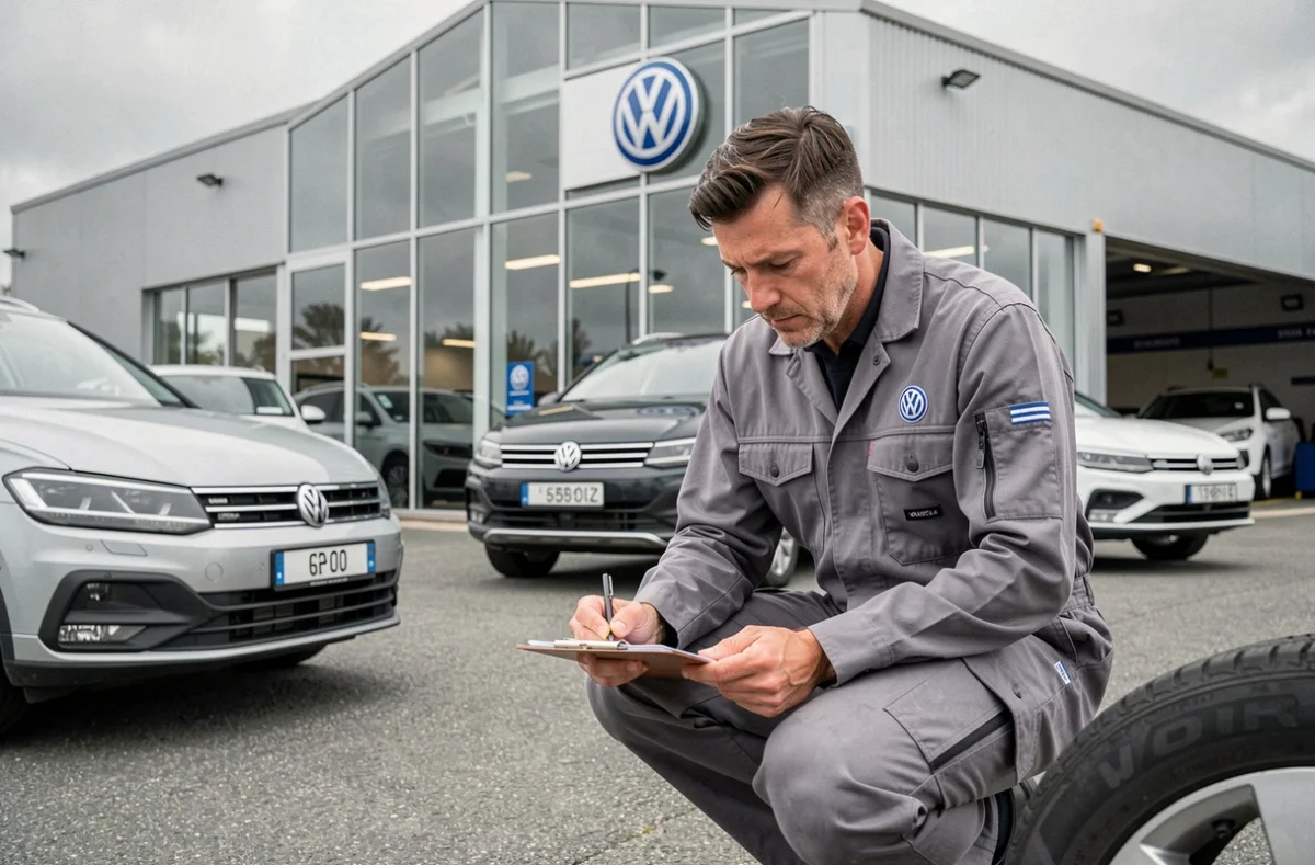 Technicien Volkswagen Lorient inspectant une roue de voiture d'occasion certifiée devant le showroom du concessionnaire