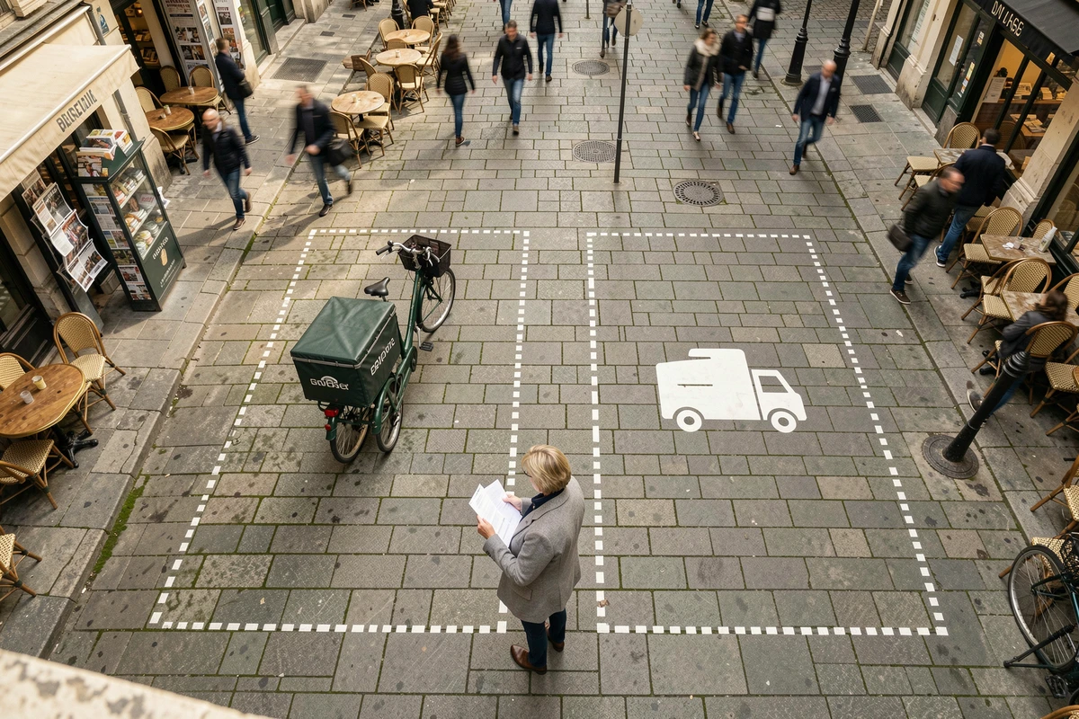Vue aérienne de deux emplacements livraison délimités en pointillés blancs dans une rue commerçante avec vélo cargo et livreur
