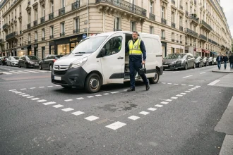 Zone de livraison marquée en pointillés blancs sur asphalte urbain avec camionnette de livraison garée dans les délimitations réglementaires