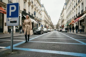 Zone de stationnement bleu en centre-ville avec panneau disque bleu obligatoire et marquages au sol sur une rue commerçante française