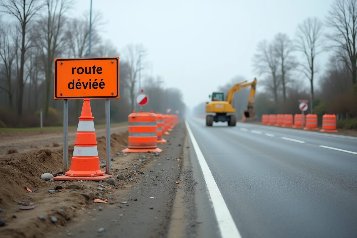 Zone de travaux routiers avec cônes orange, barrières métalliques et panneau de déviation sur une route suburbaine